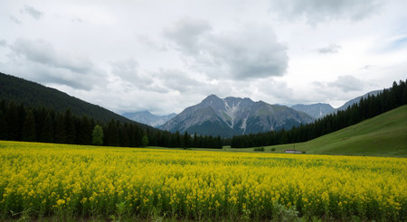 Rapeseed field in Dolomites mountains, South Tyrol, Italyの素材