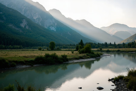 Mountain landscape with a river in the foreground, Altai, Russiaの素材
