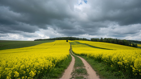 A dirt road through a field of yellow rape under a stormy skyの素材
