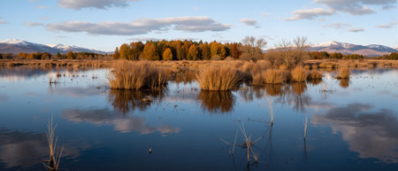Reflection of trees in the lake with mountains in the background.の素材