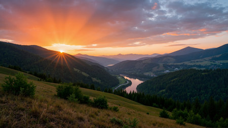 Beautiful sunset in the Carpathian mountains. Ukraine, Europe.の素材