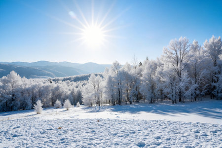 Winter landscape with trees covered with hoarfrost and sun in the mountainsの素材