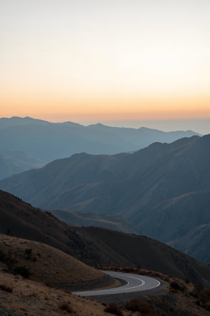 Mountain road in the mountains at sunset. Azerbaijan. Caucasus.の素材