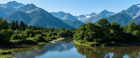 Mountain landscape with river and forest in the foreground, New Zealandの素材