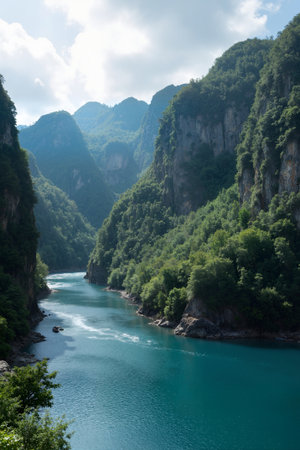 Mountain landscape with a river flowing through the gorge on a sunny dayの素材