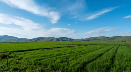 Landscape of green field and blue sky with white clouds in summerの素材
