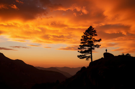 Silhouette of a pine tree on top of a mountain at sunsetの素材