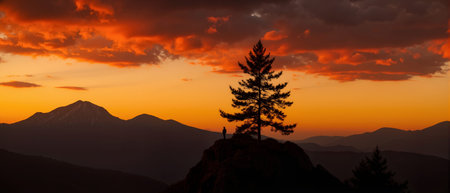 Silhouette of a pine tree on top of a mountain at sunsetの素材
