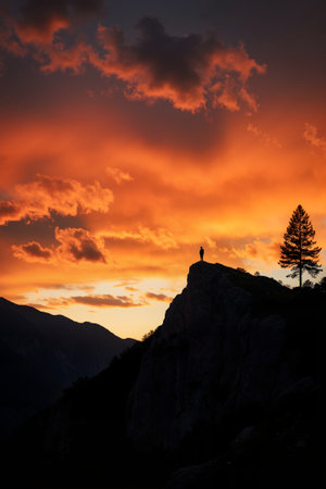 Silhouette of a man on top of a mountain during sunsetの素材