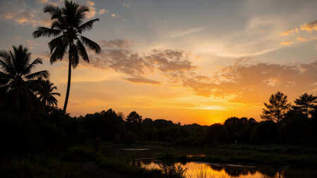 Beautiful sunset over the river with palm trees in the foreground.の素材