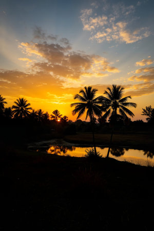 Silhouette of coconut tree at sunset time in the evening.の素材