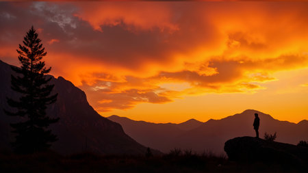 Silhouette of a woman at sunset in Glacier National Park, Montanaの素材