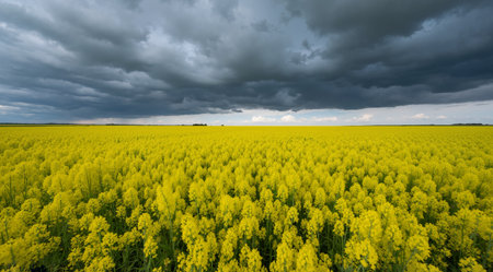 Rapeseed field under stormy sky. Panoramic view.の素材