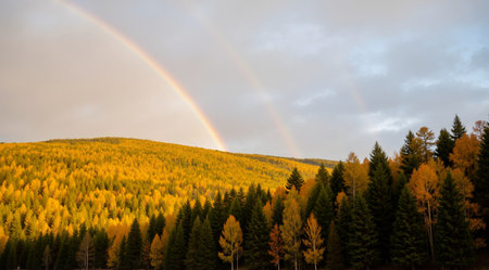 Rainbow over the autumnal alpine forest with pine trees.の素材
