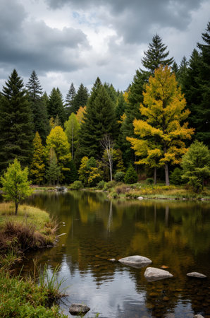Autumn landscape with lake and colorful trees in the forest. Fall season.の素材