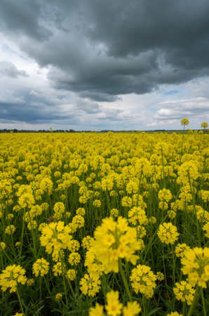 A field of yellow colza under a stormy sky in Polandの素材