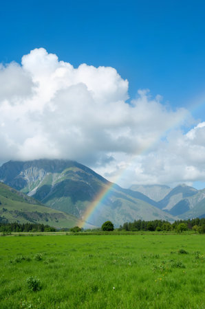 rainbow over green meadow in mountains under blue sky with cloudsの素材