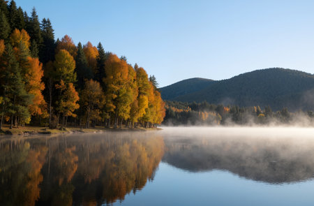 Autumn morning at the lake with fog and forest in the backgroundの素材