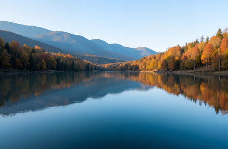 Beautiful autumn landscape with colorful forest and lake in Carpathian mountainsの素材
