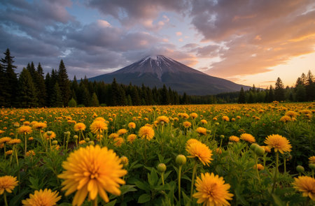 Sunset at Mt.Fuji and Marigold flower fieldの素材