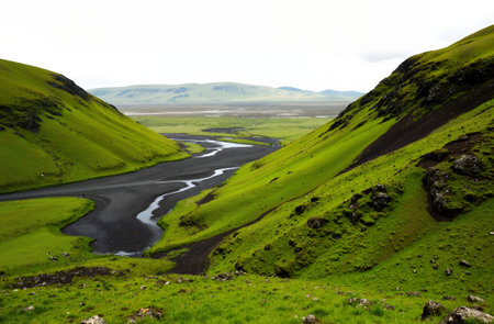 Icelandic landscape with river and green grass on the slopes.の素材