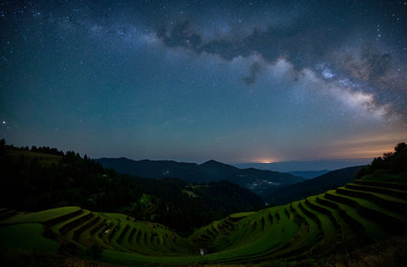 Milky Way over the rice terraces in the mountains. Long exposureの素材