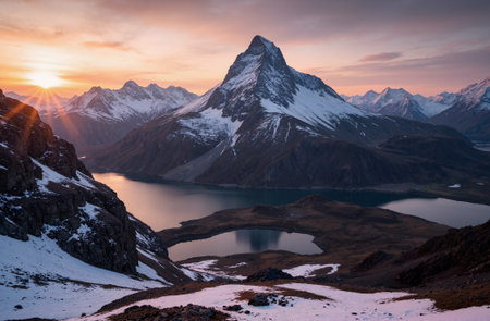 Beautiful sunset over the lake in Cordillera Huayhuash, Peruの素材