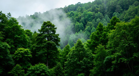 Misty forest in the mountains. Beautiful landscape in the mountains.の素材