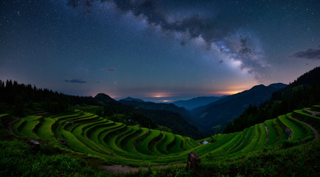 Milky Way over the green rice terraces in Sapa, Vietnamの素材
