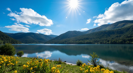 Beautiful view of the mountain lake with yellow flowers and blue skyの素材