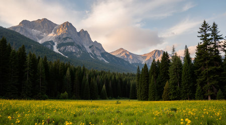 Meadow with yellow flowers and mountains in the background at sunsetの素材