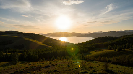 Beautiful sunset over the lake in the Carpathian mountains.の素材