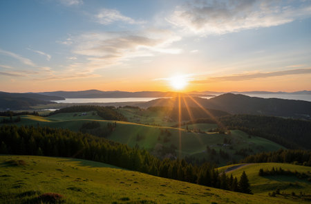 Sunset in the mountains. Beautiful summer landscape. Carpathians, Ukraine.の素材