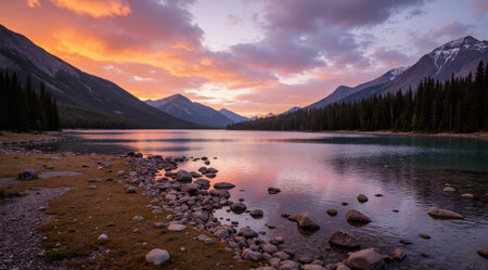 Sunset at Lake Louise in Banff National Park, Alberta, Canadaの素材