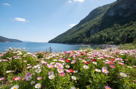 summer landscape with flowers on the shore of Lake Garda, Italyの素材