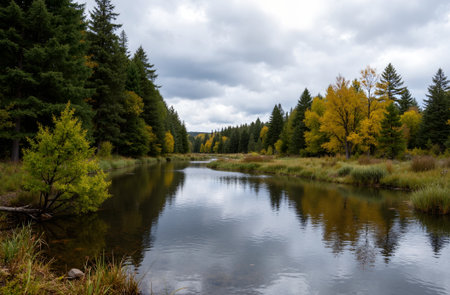 Autumn landscape with colorful forest and river. Fall season in Canada.の素材