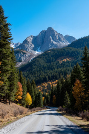 Beautiful autumn alpine landscape with road and colorful forest in mountainsの素材