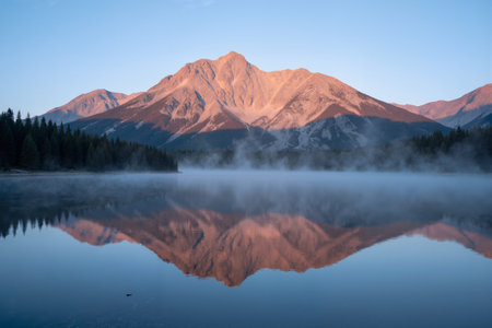 Mountains reflected in a lake at sunrise, Jasper National Park, Canadaの素材