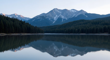 Mountains reflected in the calm water of a mountain lake at sunsetの素材