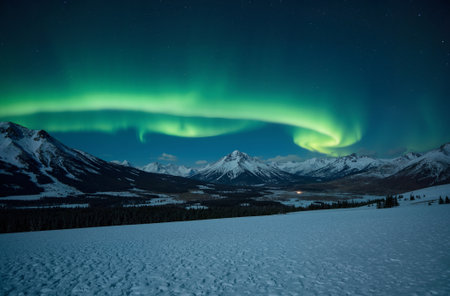 Aurora borealis, northern light over snowy mountains in winterの素材