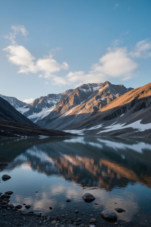 Mountain lake with reflection of snow-capped mountains and blue skyの素材