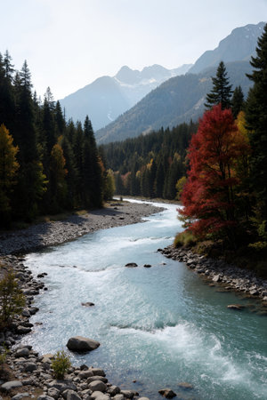 Autumn landscape with river and mountains in the background, South Tyrol, Italyの素材
