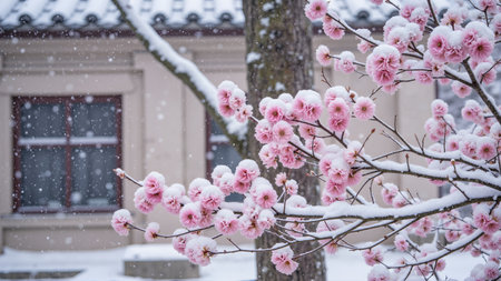 Pink cherry blossoms covered with snow in winter, Sofia, Bulgariaの素材