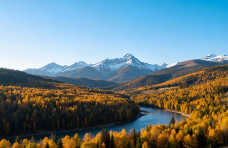 panoramic view of autumn alpine landscape with river and mountainsの素材