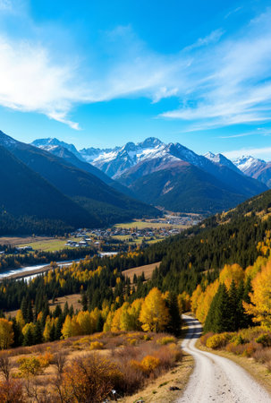Autumn alpine landscape with snow covered mountains and colorful forest.の素材