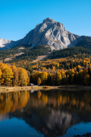Autumn alpine landscape with lake and mountains in background, Dolomites, Italyの素材