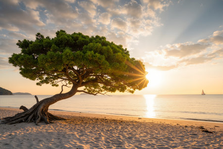 Beautiful pine tree on the beach at sunset in Provence, Franceの素材