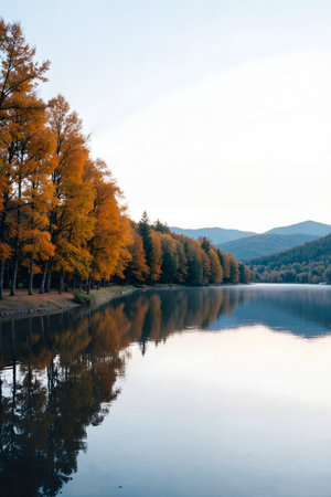 Beautiful autumn landscape with lake and yellow trees on the shore.の素材