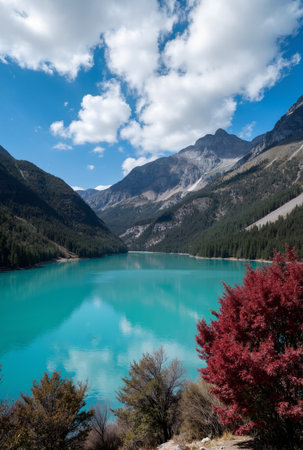 Landscape view of turquoise alpine lake in the mountainsの素材