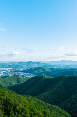 View of the city and the mountains from the top of the mountain.の素材